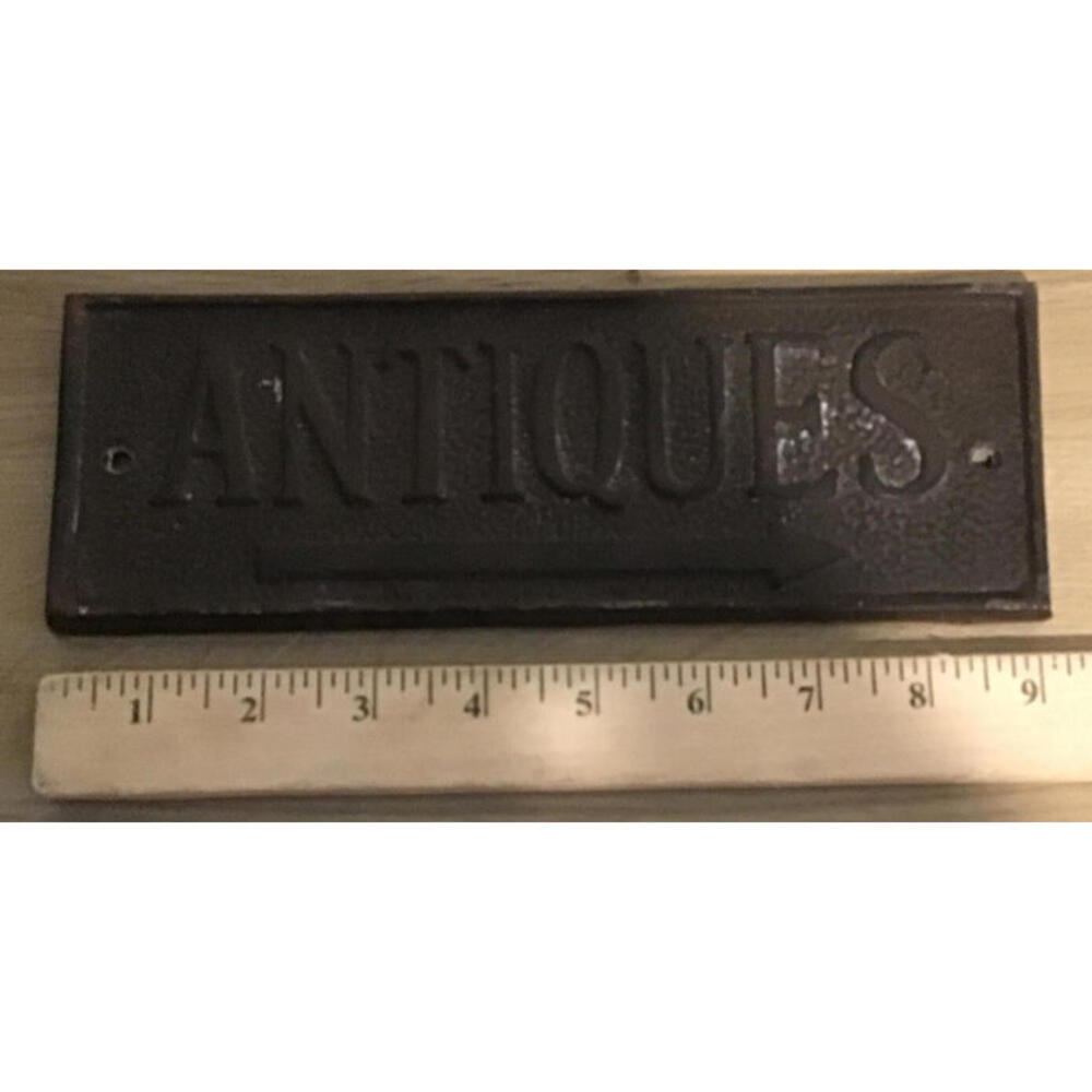 Antique Cast Iron Sign Plaque "Antique" Old  Approx Size 9” X 3” X 0.5”
